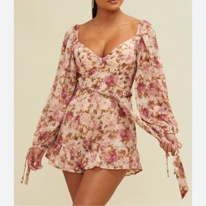 Luxxel Floral Long Sleeve Chiffon Belted Romper